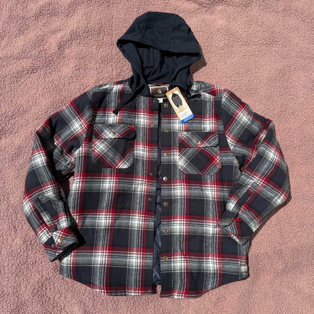 Men's Plaid Hooded Shirt Jacket - Black and Red